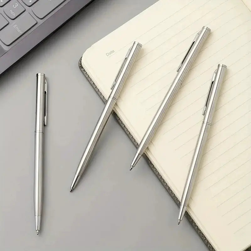Ballpoint pen set, 4 silver stainless-steel twist-top pens with medium nibs