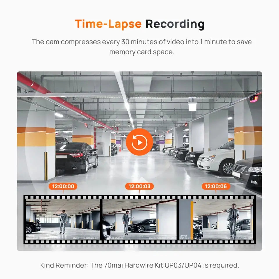 70mai Dash Cam A510 front car camera with HDR, GPS, ADAS, 4G; parking garage time-lapse