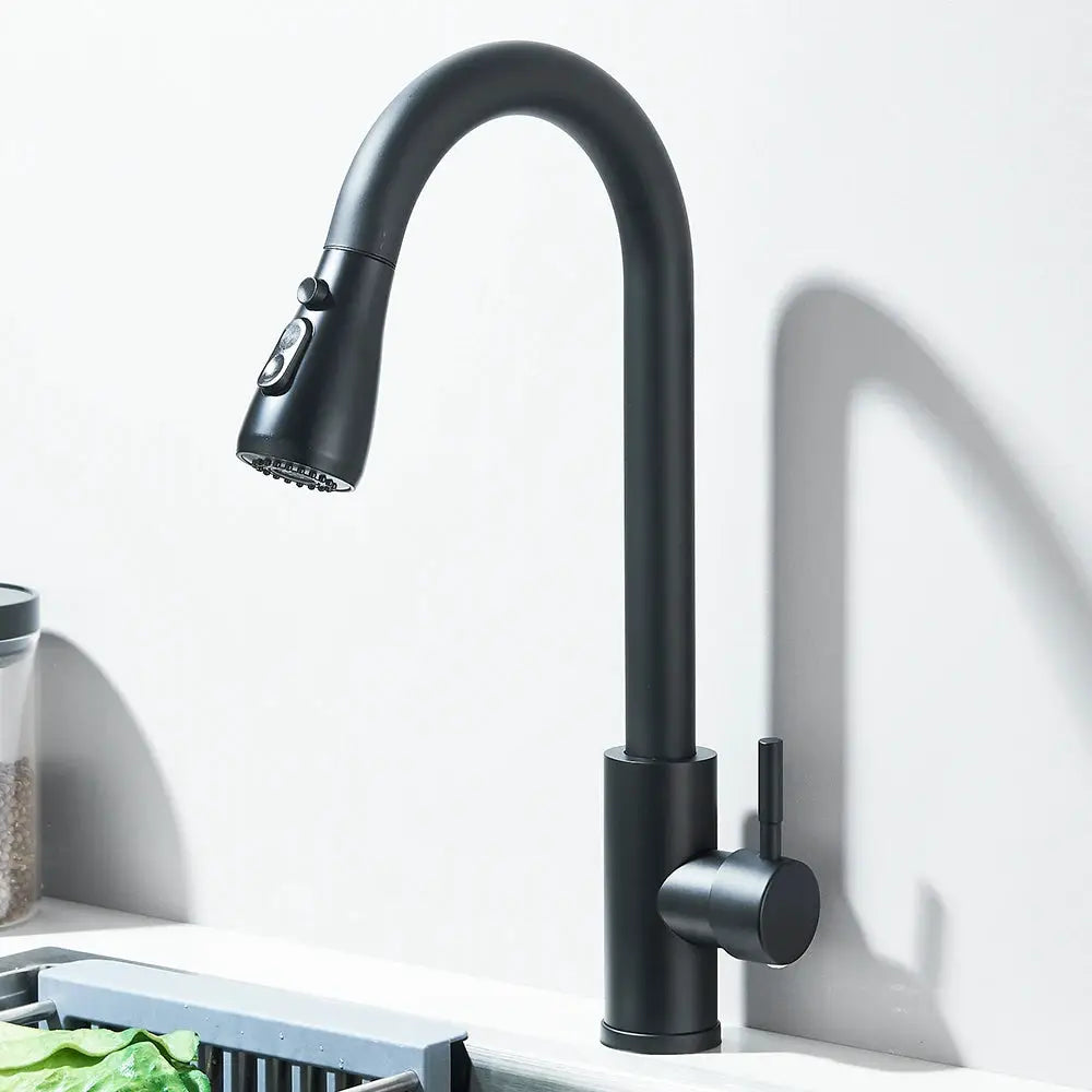 Simples Market black matte kitchen faucet with pull-out spray head, high-arc spout, and single lever.