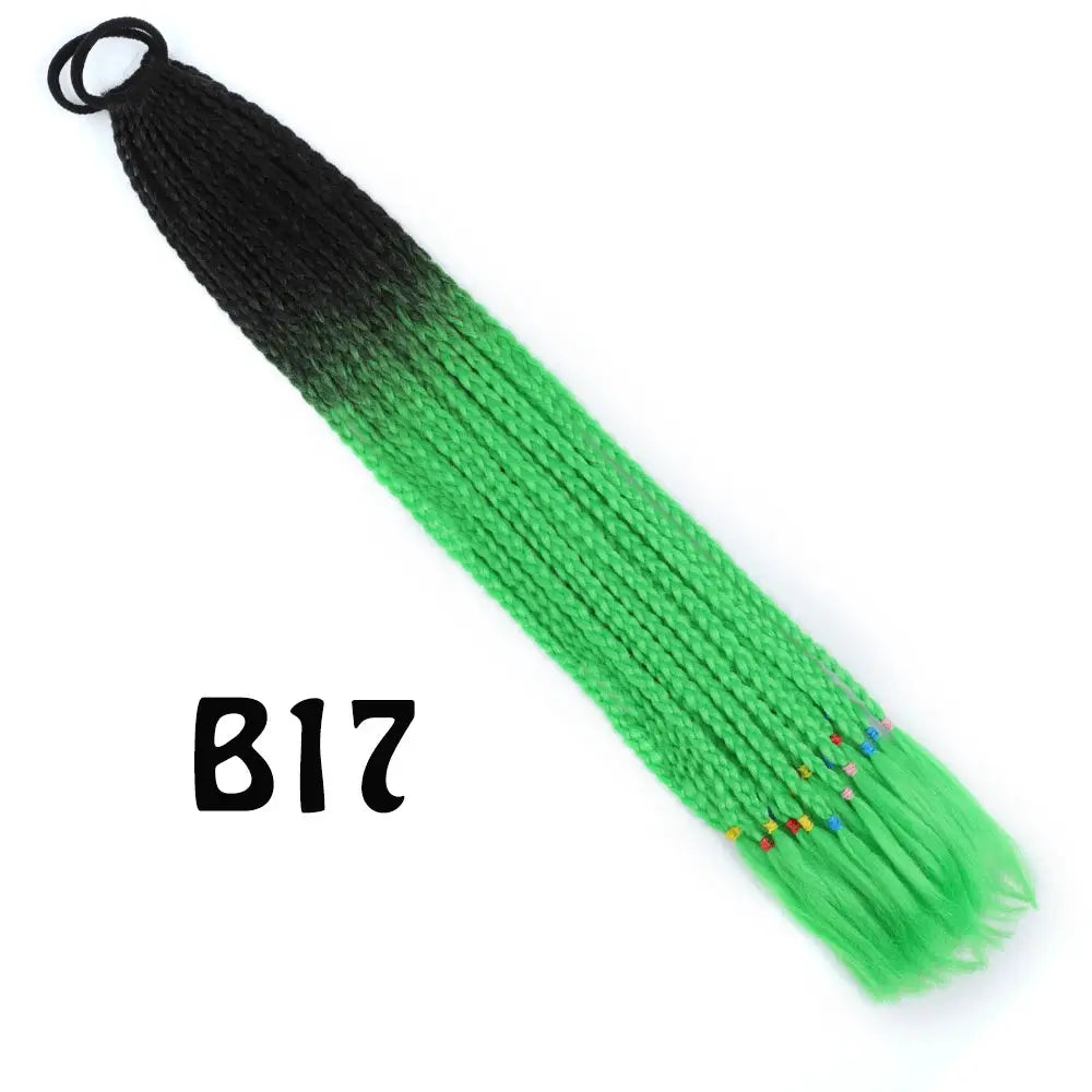 Braided ponytail extension, synthetic gradient from black to neon green, 24 inches with elastic band