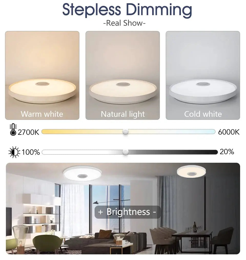 LED smart ceiling lamp by Simples Market RGB, app remote dimming and built-in speaker; 3 color temps for living room