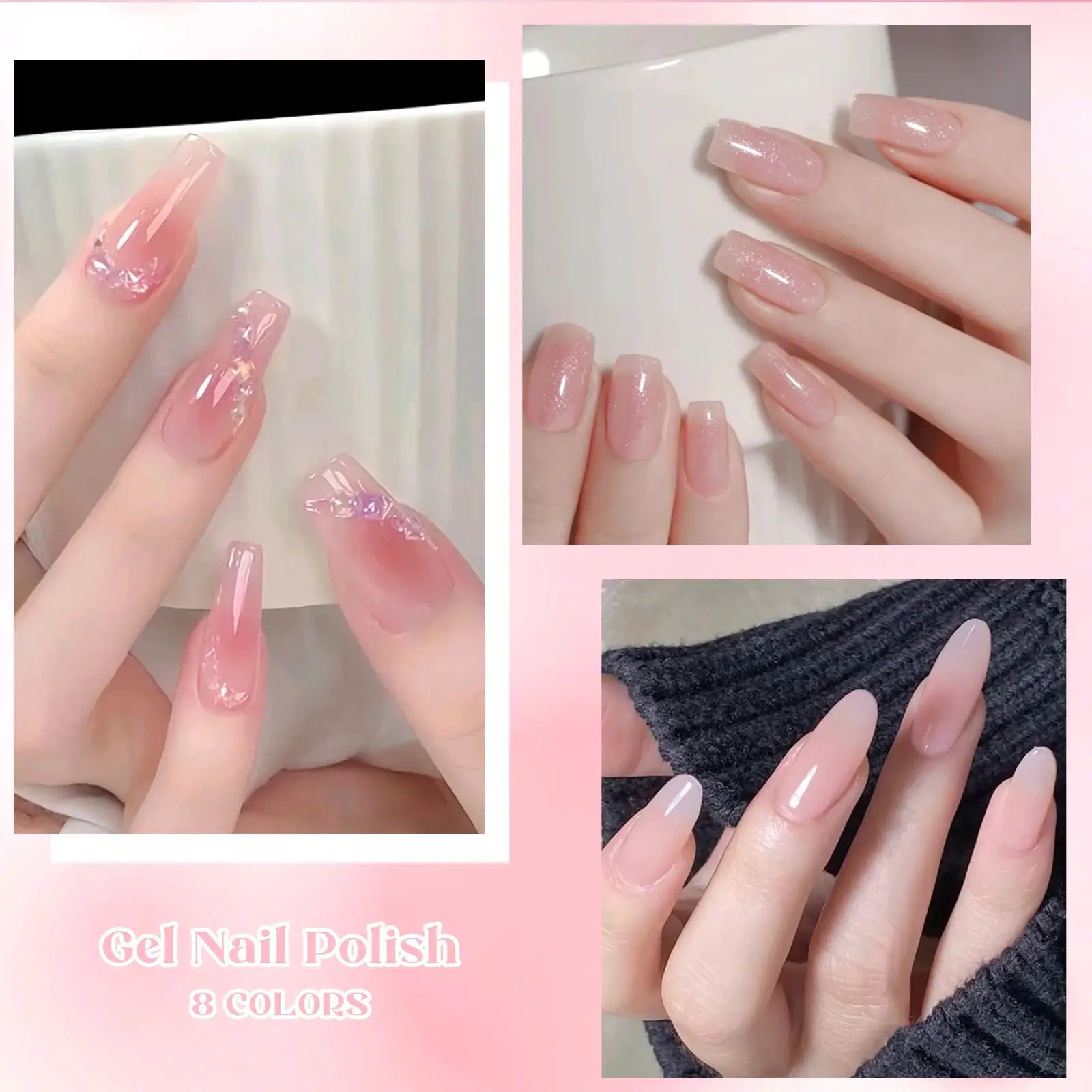 Nude jelly gel nail polish set by Simples Market, 8 translucent pink colors.