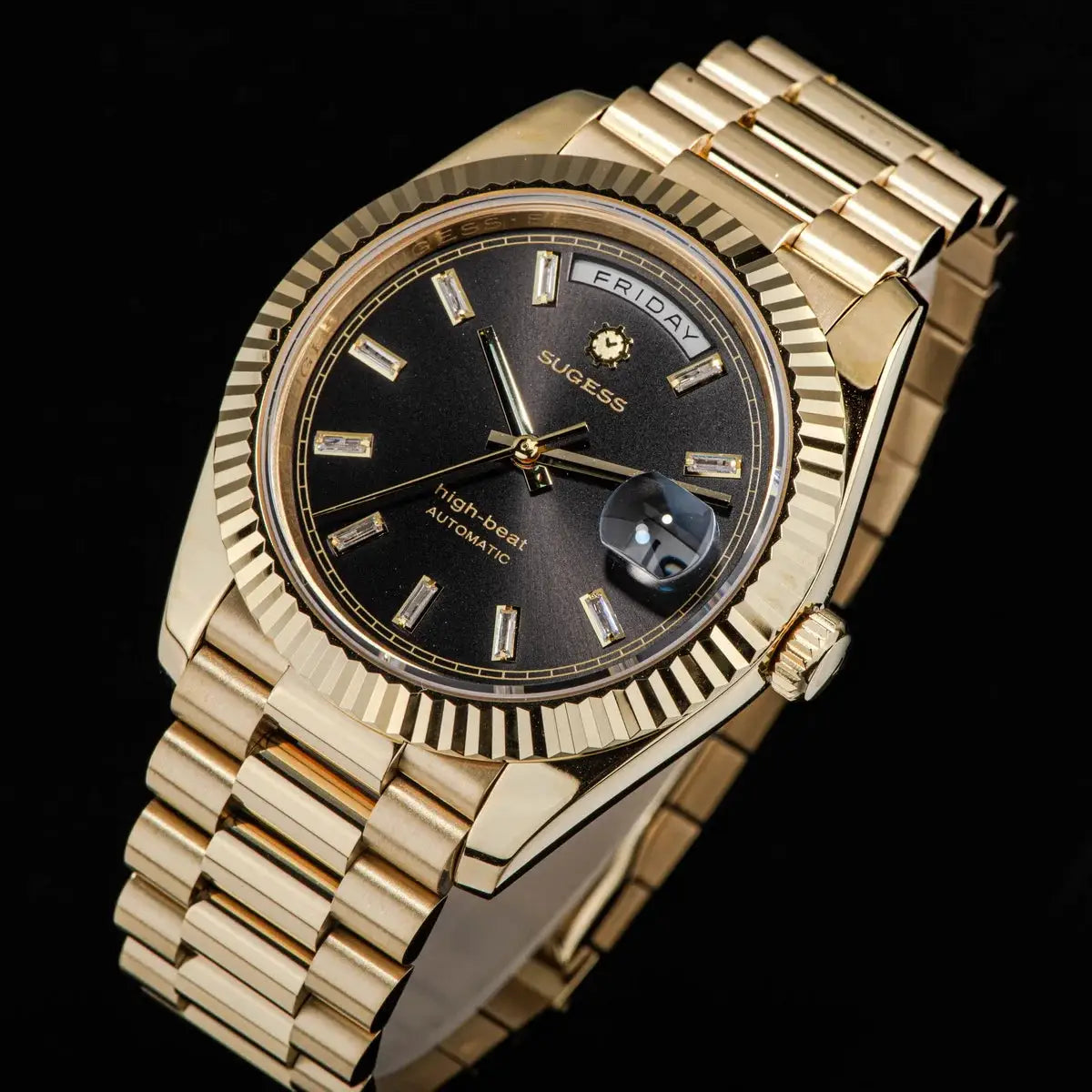 Sugess gold-tone men's wristwatch with black dial and day-date window.