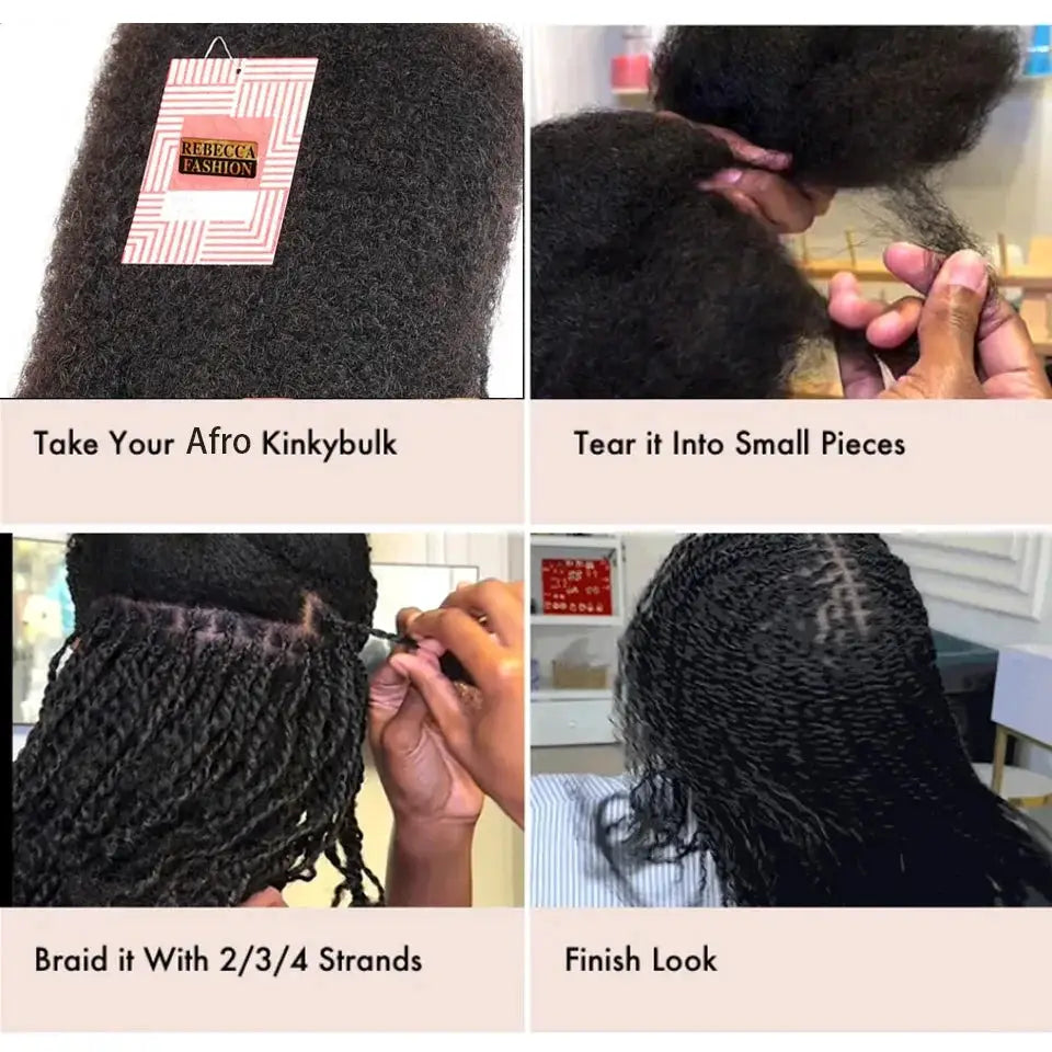 Afro kinky curly bulk black human hair for braiding by Simples Market; Rebecca Fashion tag; soft, lightweight