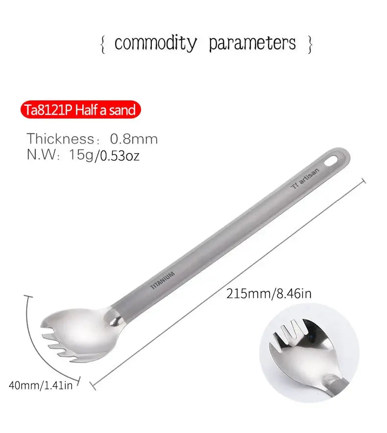 Tiartisan titanium long-handle spork; ultralight outdoor camping cutlery, 215mm long, 0.8mm thick