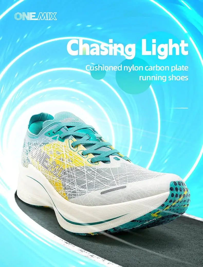 ONEMIX Marathon carbon-plate running shoes for men; white with teal accents, teal laces, and cushioned sole