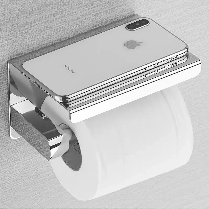Stainless steel wall-mount toilet paper holder with top phone shelf and toilet roll