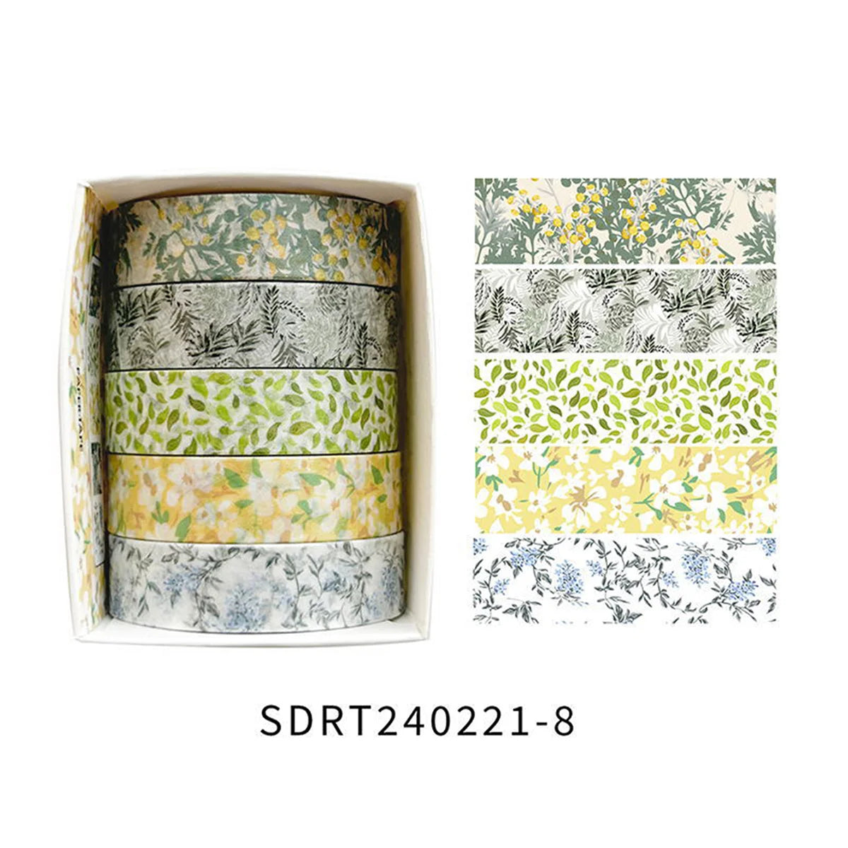Five rolls of boxed floral washi tape by Simples Market in pastel leaf and flower designs