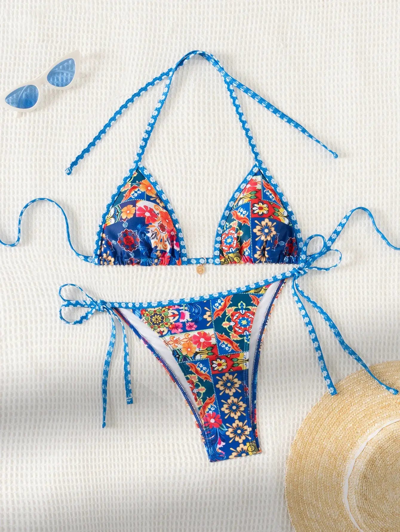 2-piece blue floral triangle bikini set with matching Brazilian bottoms by Simples Market
