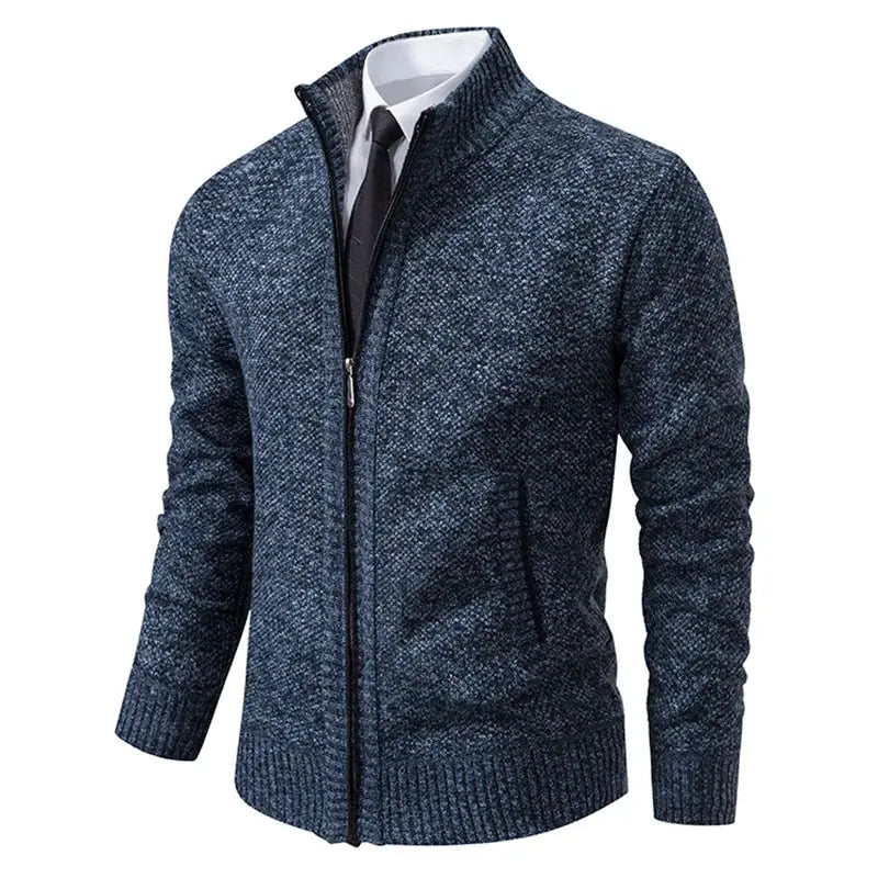 Mens Autumn Winter Solid Color Casual Sports Coat Stand Collar Fleece Lined Zipper Cardigan Warm