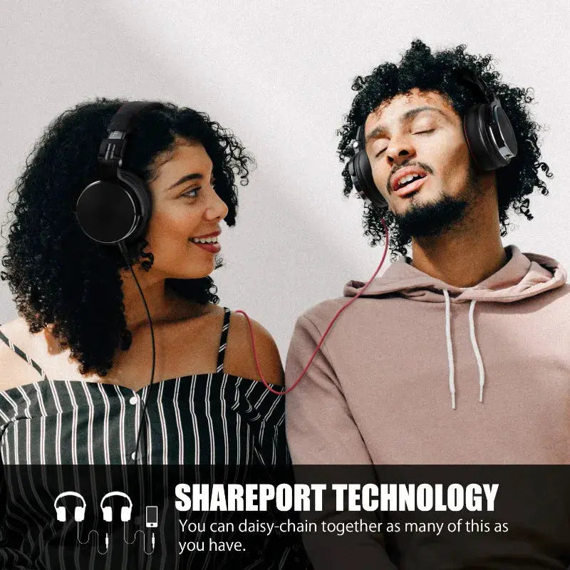 Oneodio wired studio headphones with mic by Simples Market, over-ear black, worn by two people.