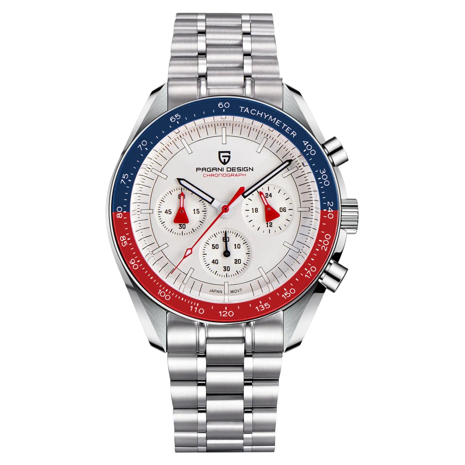 PAGANI DESIGN men's chronograph watch with stainless steel bracelet, blue and red bezel, white dial