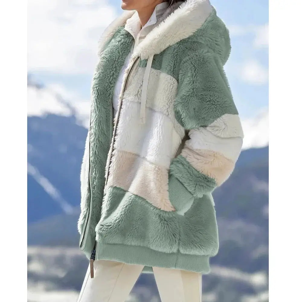 LuxeNest Oversized Hooded Plush Jacket For Women Cozy Warm Autumn Winter Coat With Zipper And Pockets