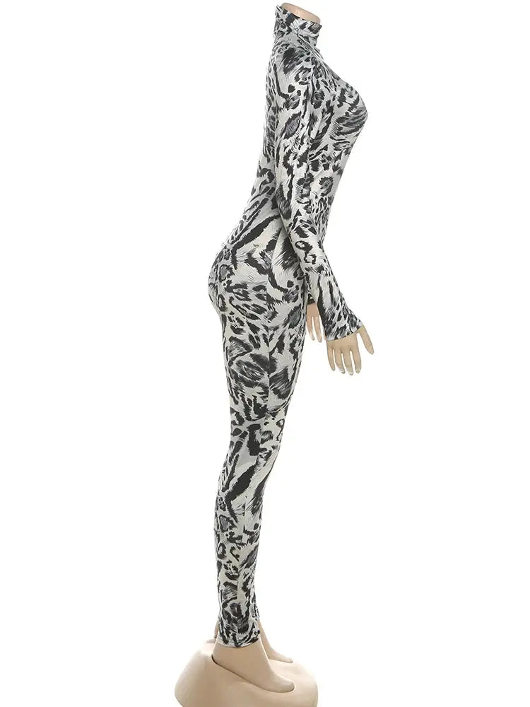 Kliou leopard print jumpsuit by Simples Market, women's full-length turtleneck long-sleeve skinny overalls