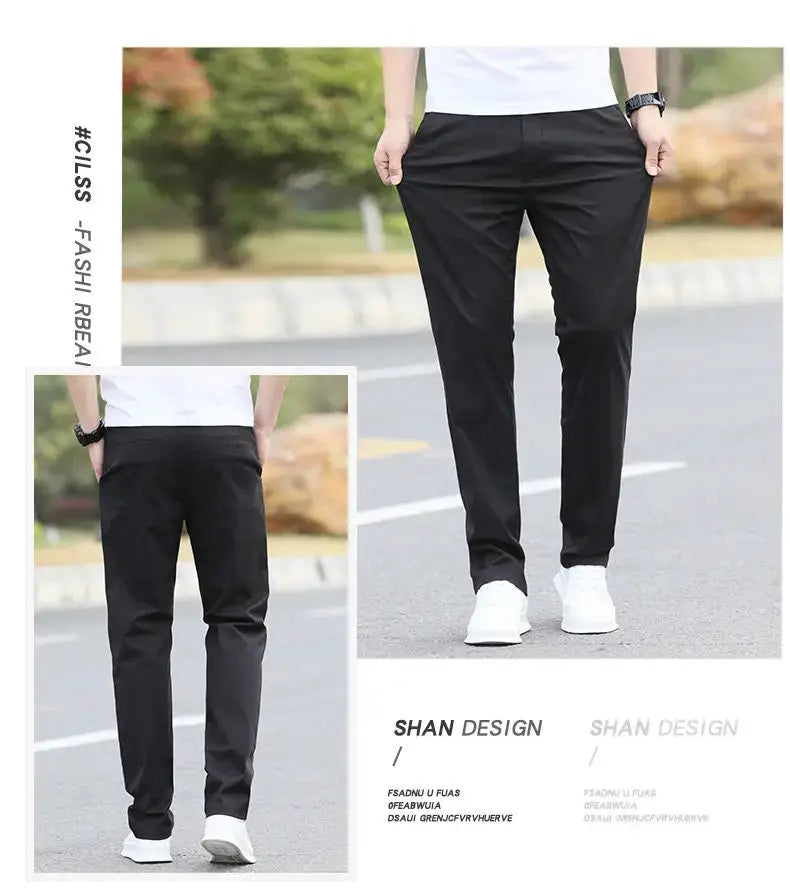 Men's black cotton chinos by Simples Market; breathable straight-leg casual trousers, front and back views.