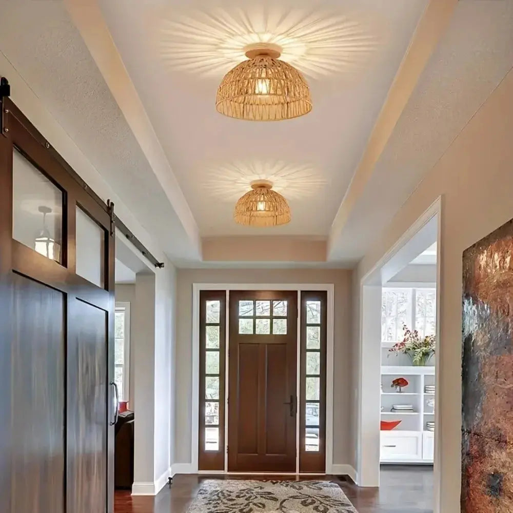 Two E27 wicker lampshade ceiling lamps by Simples Market, natural hand-woven rattan, retro living room lighting