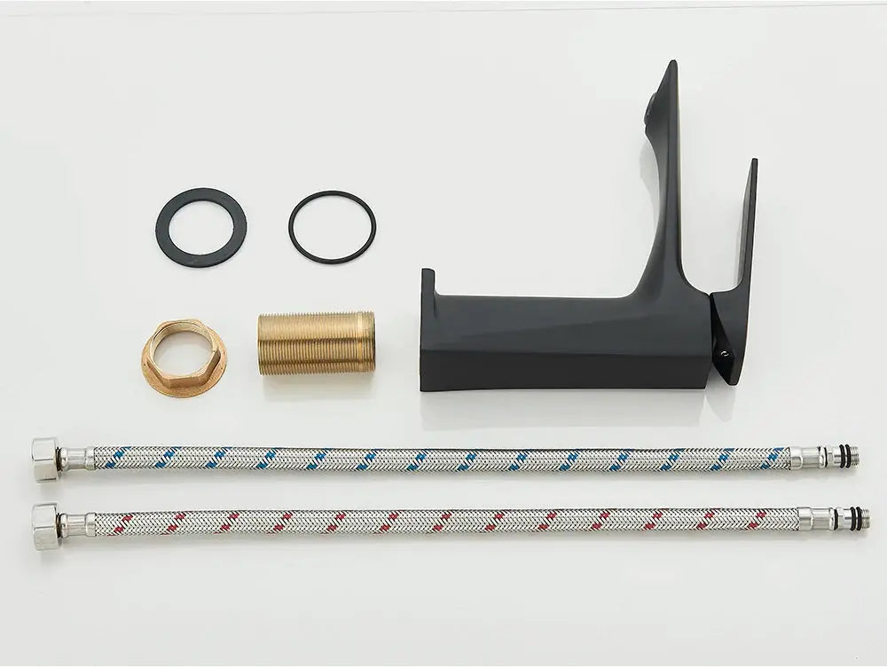 Black matte deck-mounted bathroom sink mixer faucet with single lever; includes two braided hoses and fittings