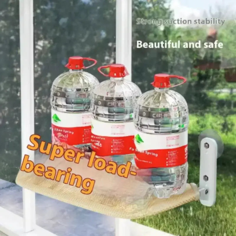 Cat hammock window bed by Simples Market; beige fabric, wall-mounted brackets, shown with three water bottles, supports up to 20 kg.
