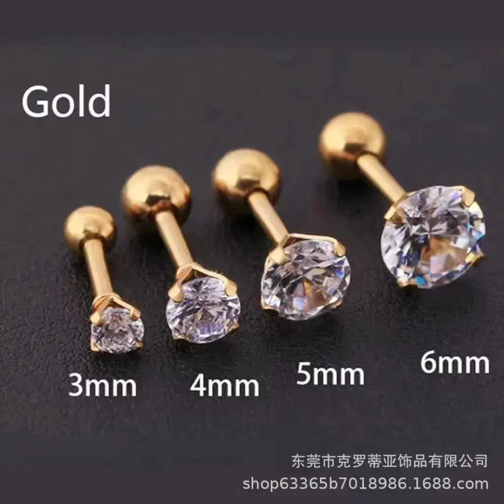 Gold-tone crystal stainless steel stud earrings set; unisex, four sizes 3mm–6mm