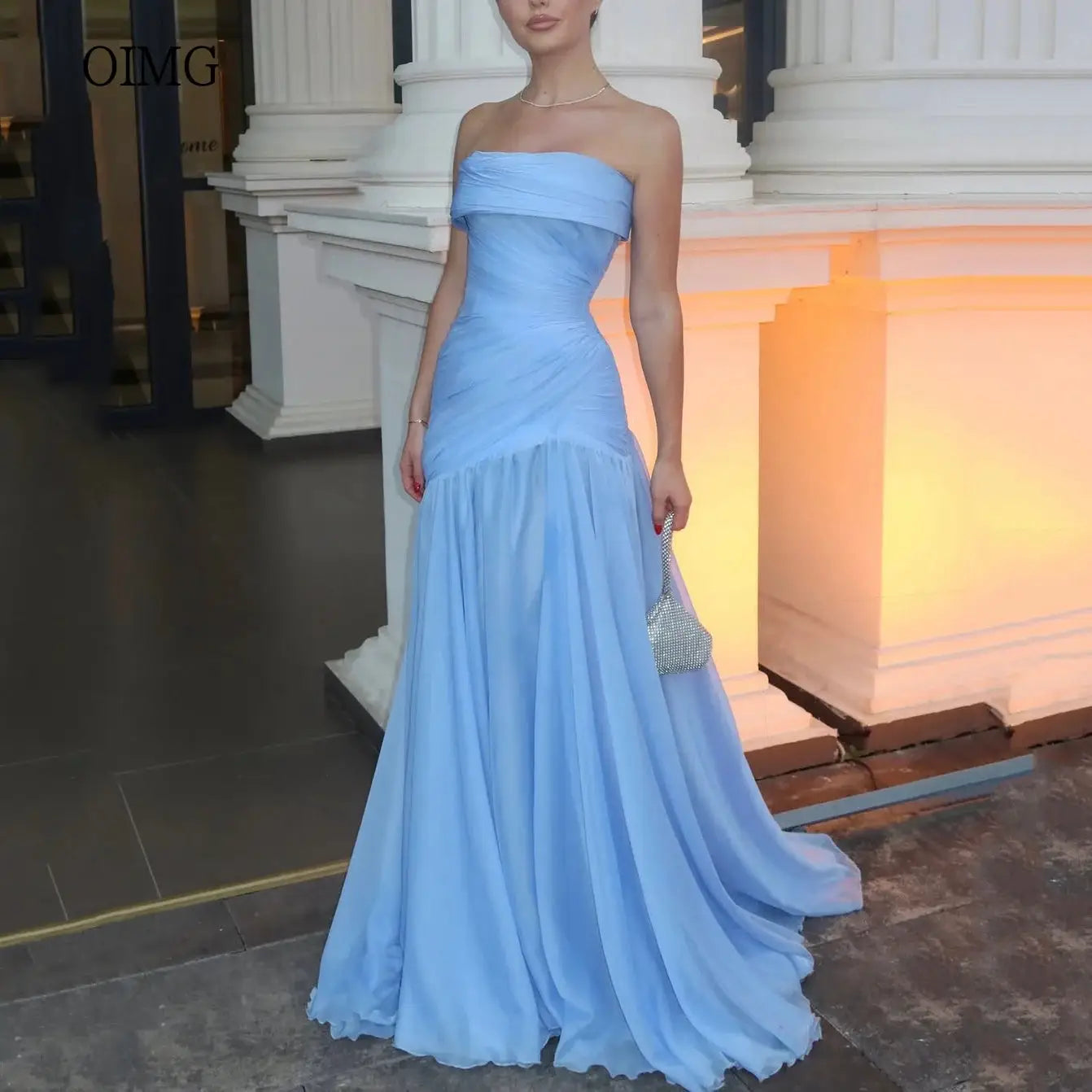 OIMG Maxi Strapless A Line Prom Gown Pleated Floor Length Dress