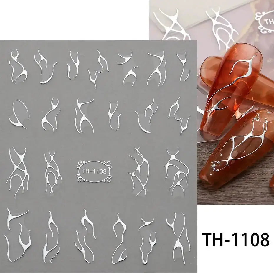 Nail decals set with white abstract lines for 3D nail art, geometric and floral patterns on a gray sheet