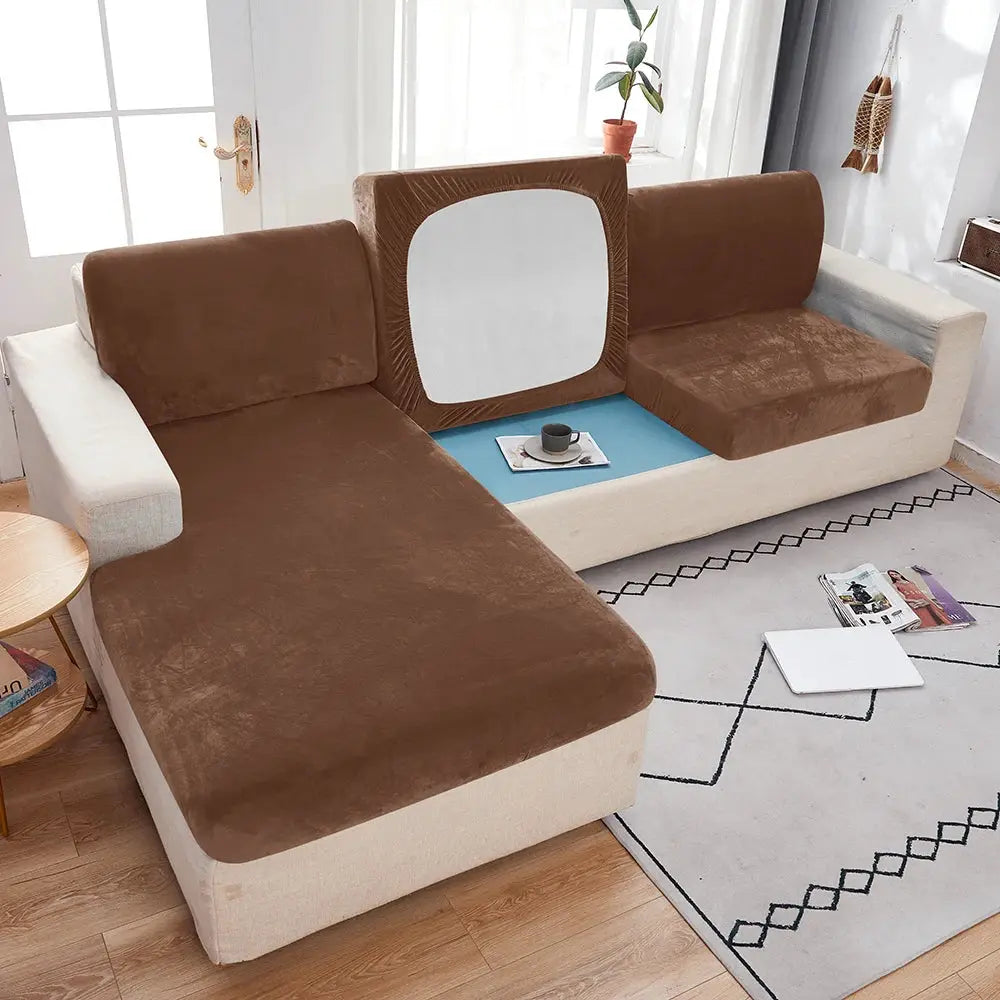 Plush brown sofa slipcover with elastic anti-slip fit for living room couch