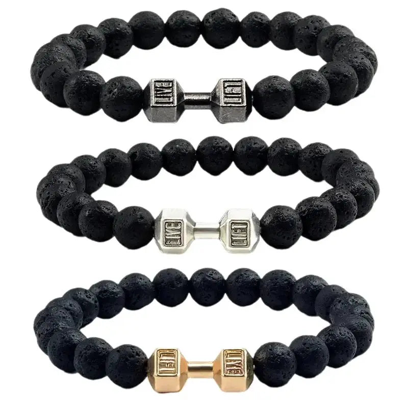 Natural Black Volcanic Lava Stone Dumbbell Bracelet With Matte Beads For Men And Women Fitness Jewelry