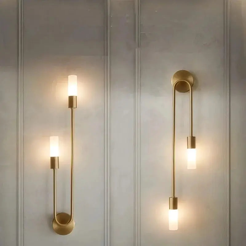 LED wall lamp pair in golden-brass with cylindrical frosted shades by Simples Market