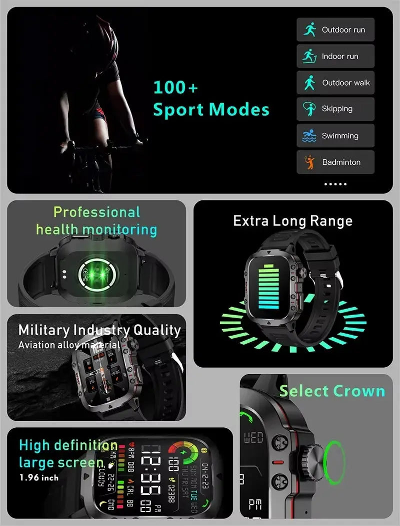 LAXASFIT Rugged Military Outdoor Smartwatch With 2.01 Inch HD Touch Screen And Voice Bluetooth Calling