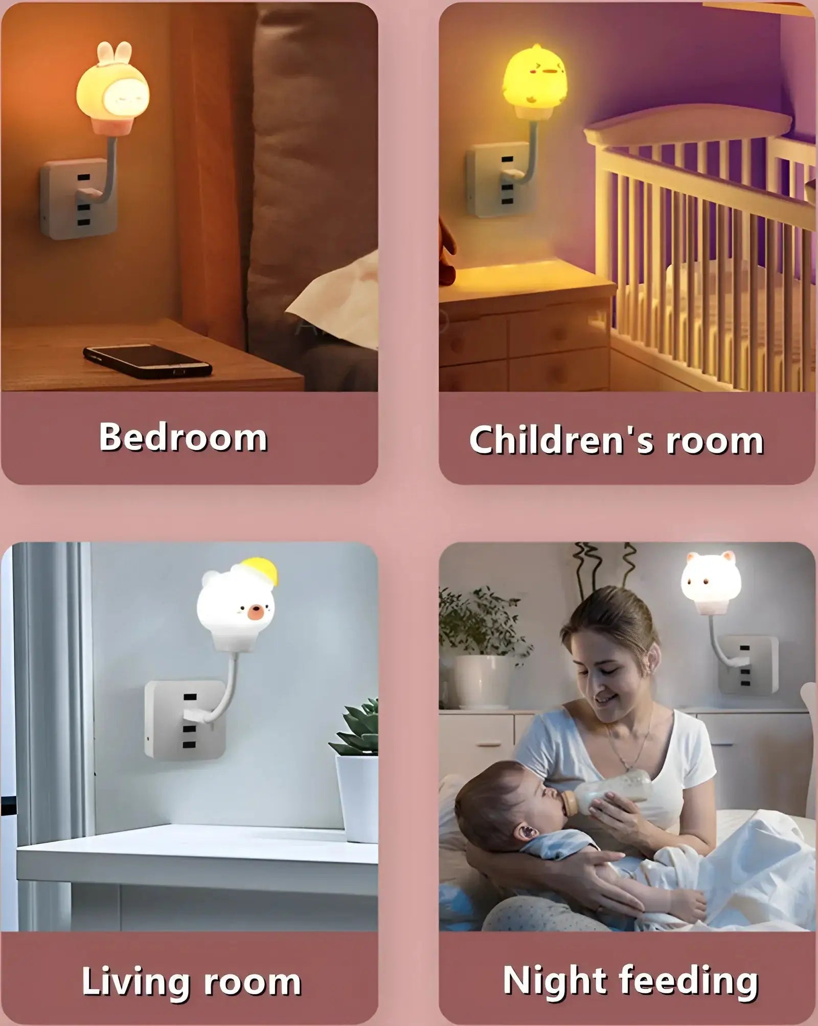 USB night light LED cartoon bear, chick, and kitten lamp; warm glow for baby rooms
