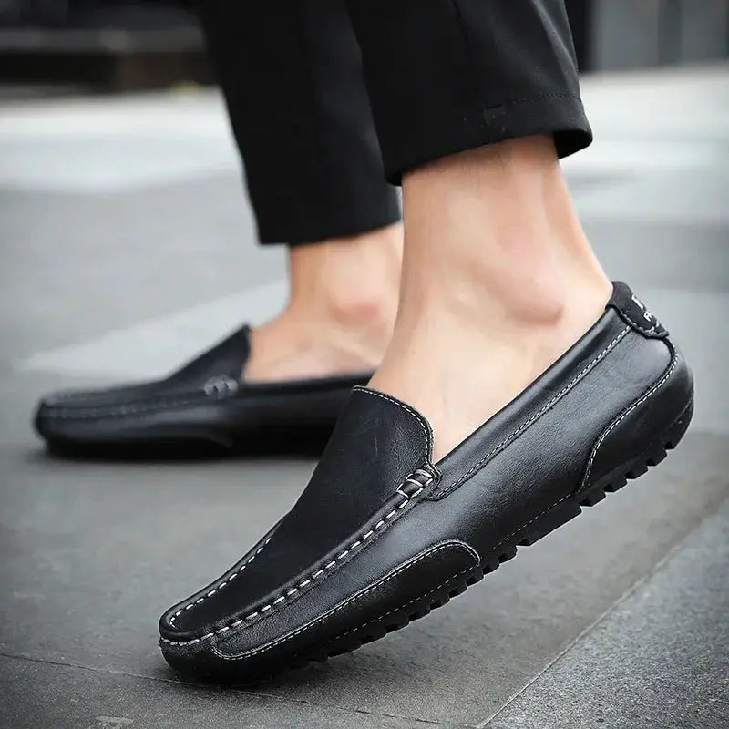 Simples Market men's black genuine leather moccasin loafers, slip-on casual driving shoes