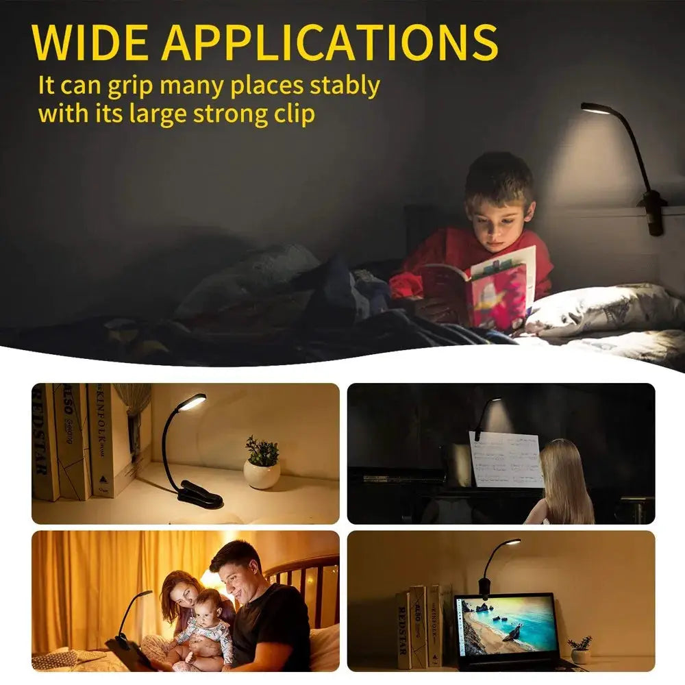 Simples Market LED Book Light USB rechargeable, black clip-on reading lamp with 3 brightness modes.