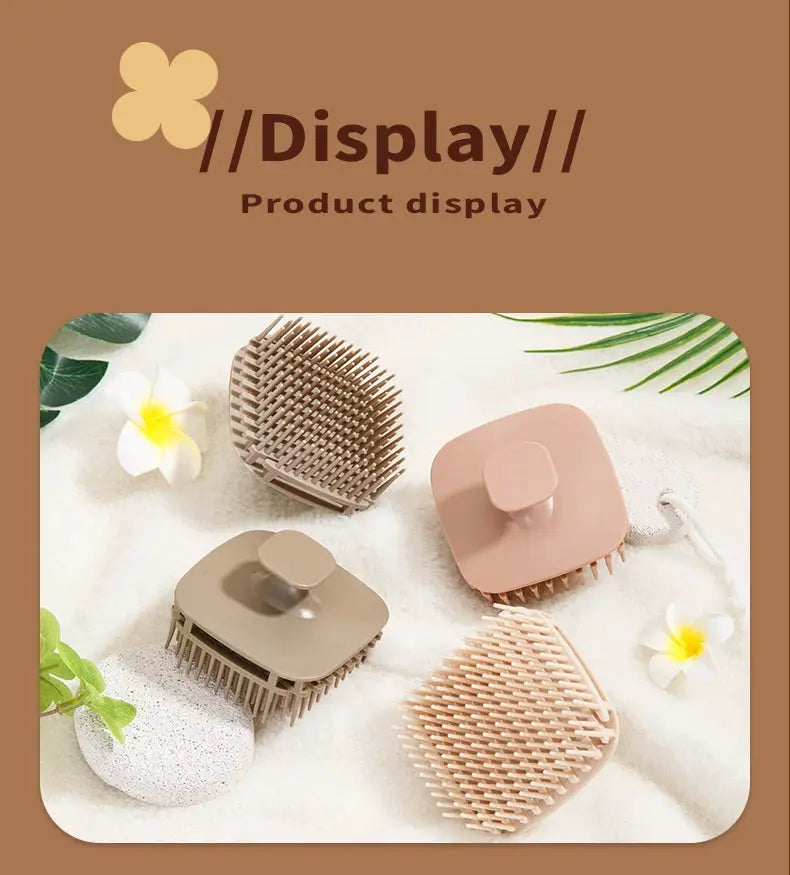 Set of 4 silicone shampoo brush heads with massage bristles in beige, taupe, and pink for scalp cleansing.