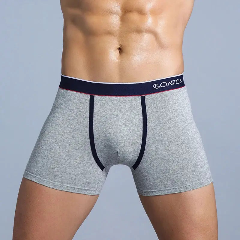 Boxer briefs for men, gray cotton with navy waistband and piping, BONITOS logo