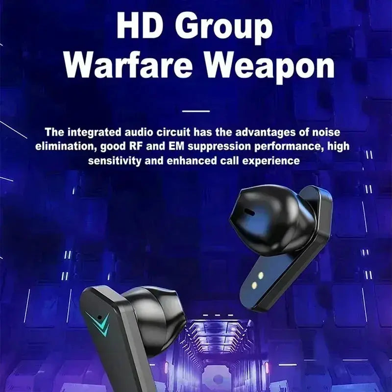 Bluetooth TWS gaming earphones pair with built-in mic, black wireless in-ear headphones with LED indicators