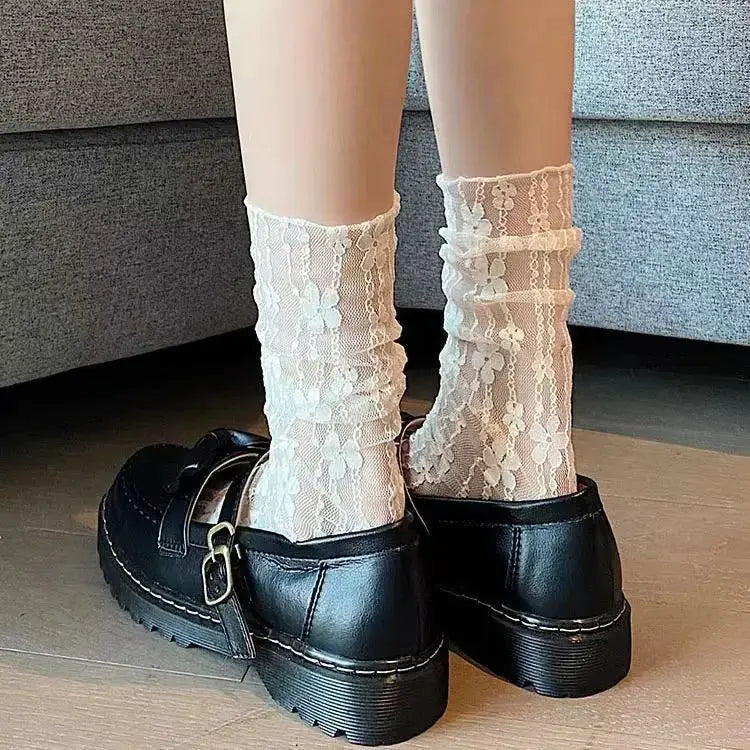 Harajuku Transparent Floral Lace Socks For Women Breathable Mesh All Day Comfort Elastane Nylon