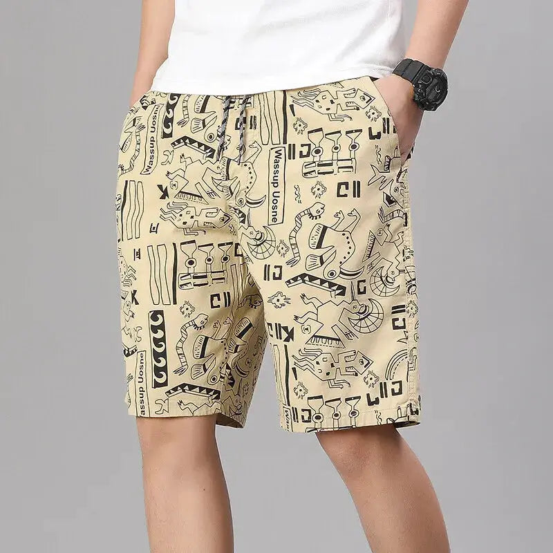 Mens 100% cotton shorts with elastic waist, beige with black abstract print, relaxed fit