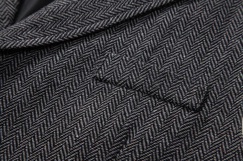 Men's retro lapel vest in dark gray herringbone coarse tweed with pockets