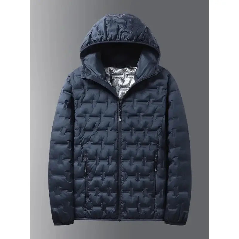 Men's navy graphene self-heating hooded puffer jacket by Simples Market, quilted with zip pockets