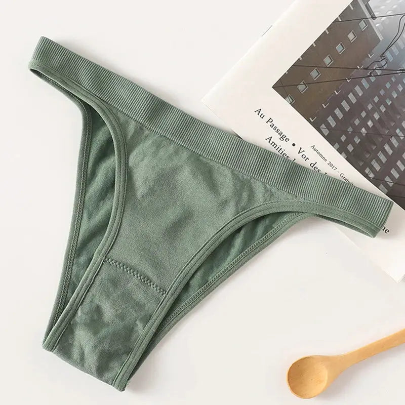 Women’s ribbed low-rise thong underwear in sage green with breathable cotton gusset