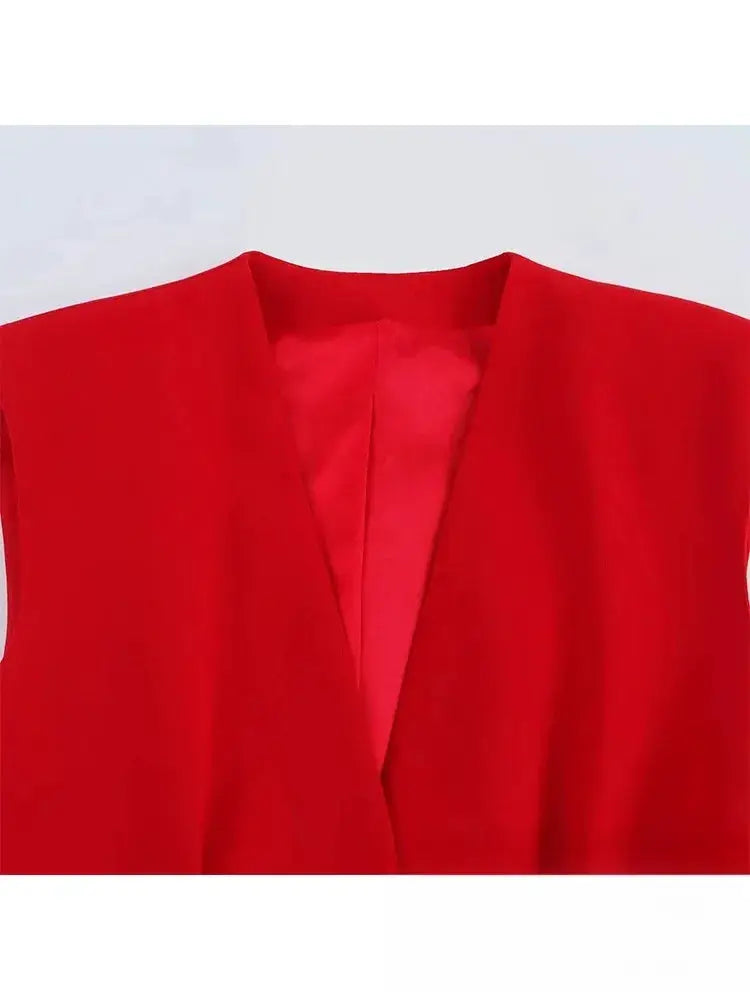 Red sleeveless blazer vest with V-neck for office wear