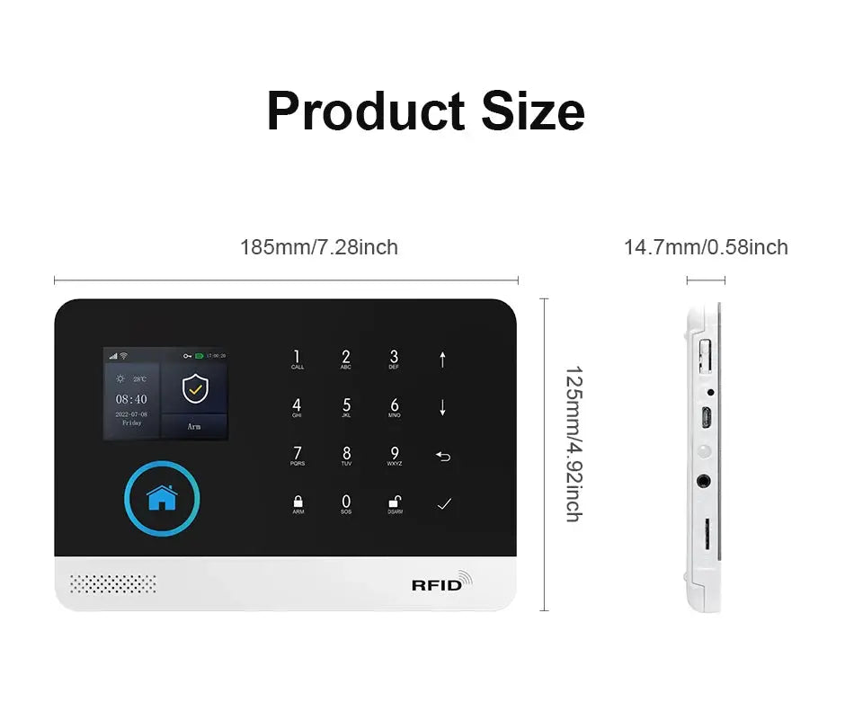 PGST wireless home security alarm system by Simples Market with RFID touchscreen panel, black front and white base