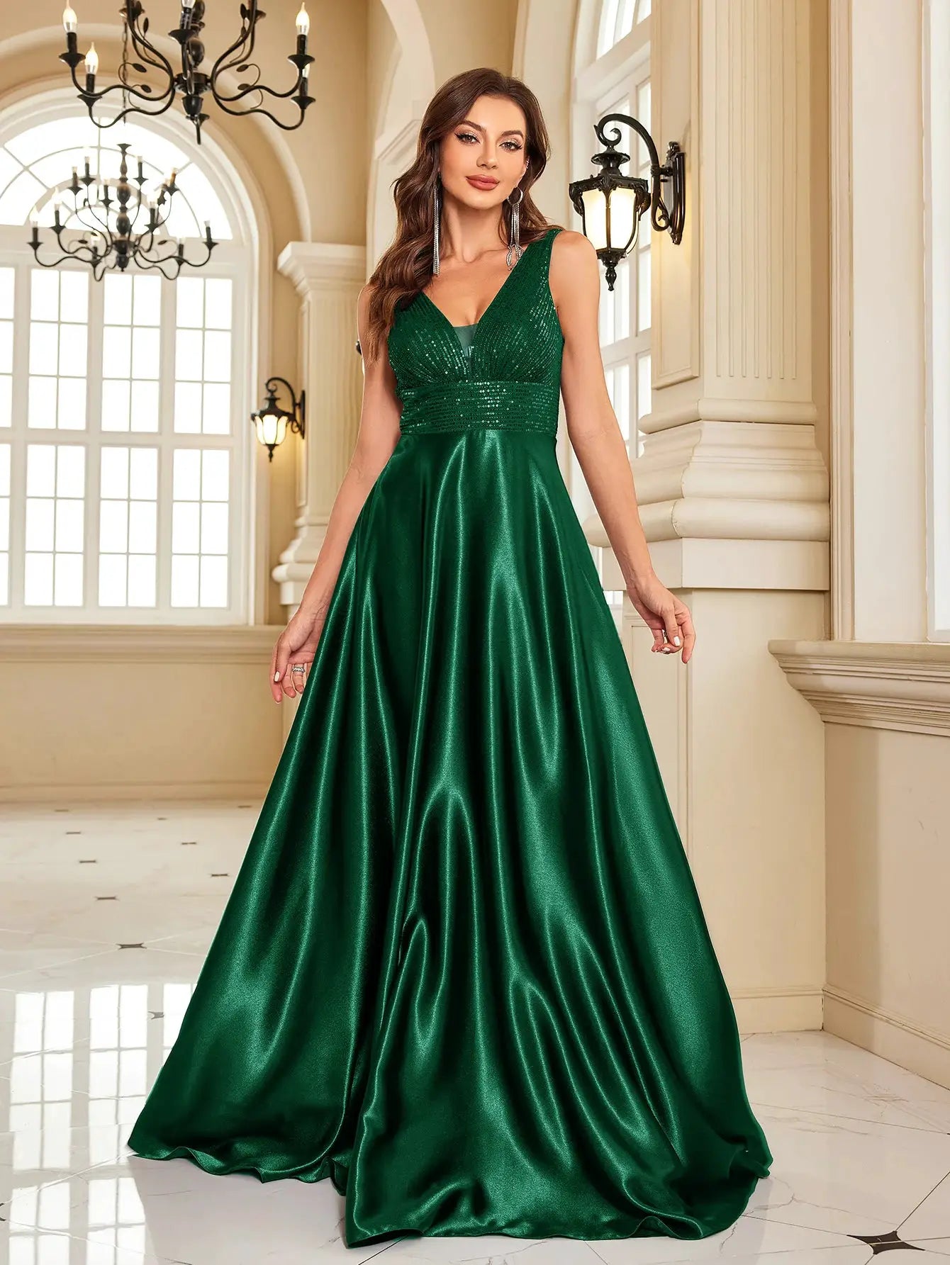 Emerald Green Sequin Evening Dress V Neck Satin Prom Floor Length