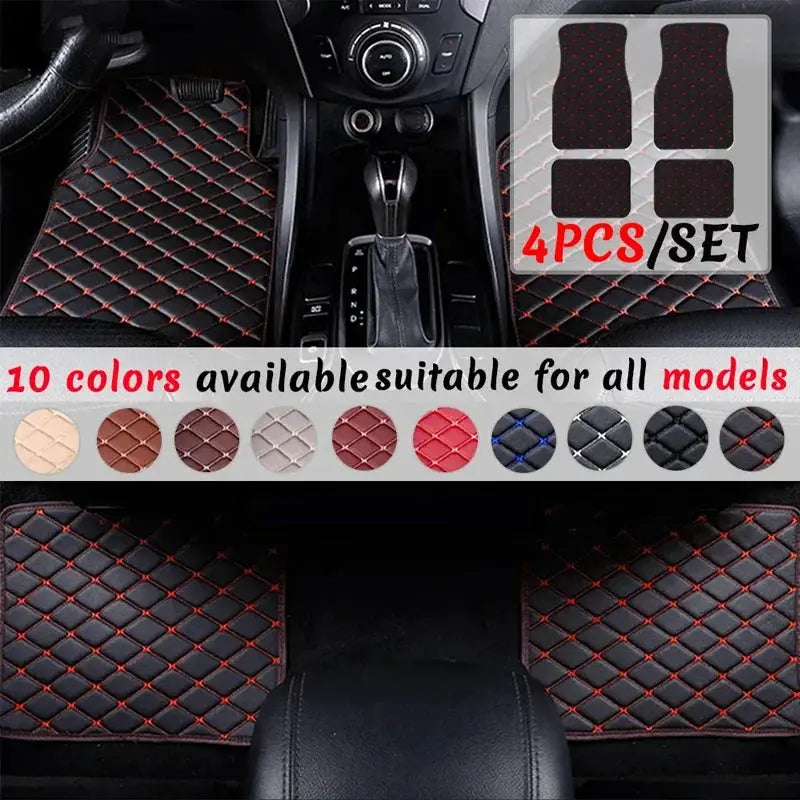 Car floor mats 4PCS universal PU leather waterproof set by Simples Market with red-stitched quilted pattern