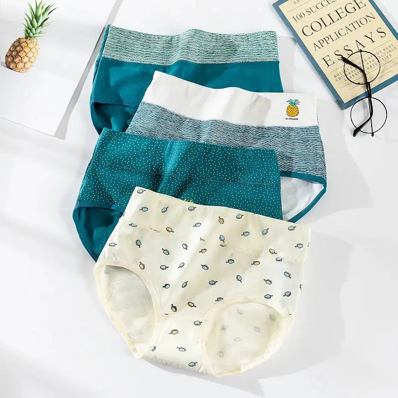 4Pcs cotton women panties set; breathable high-rise briefs in teal, white, teal dotted, and cream by Simples Market