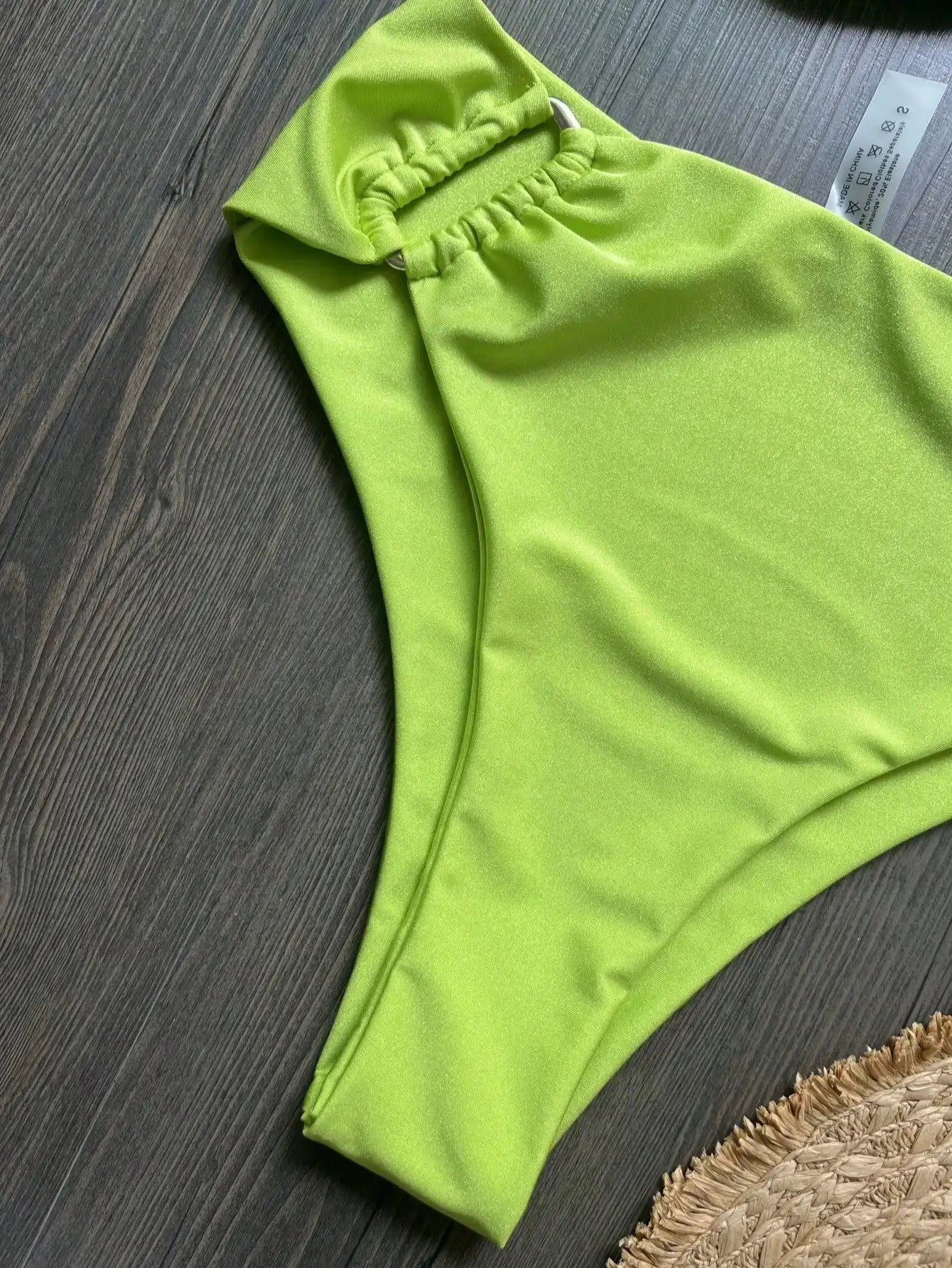 Bandeau bikini top neon lime green fabric with ruched elastic edge