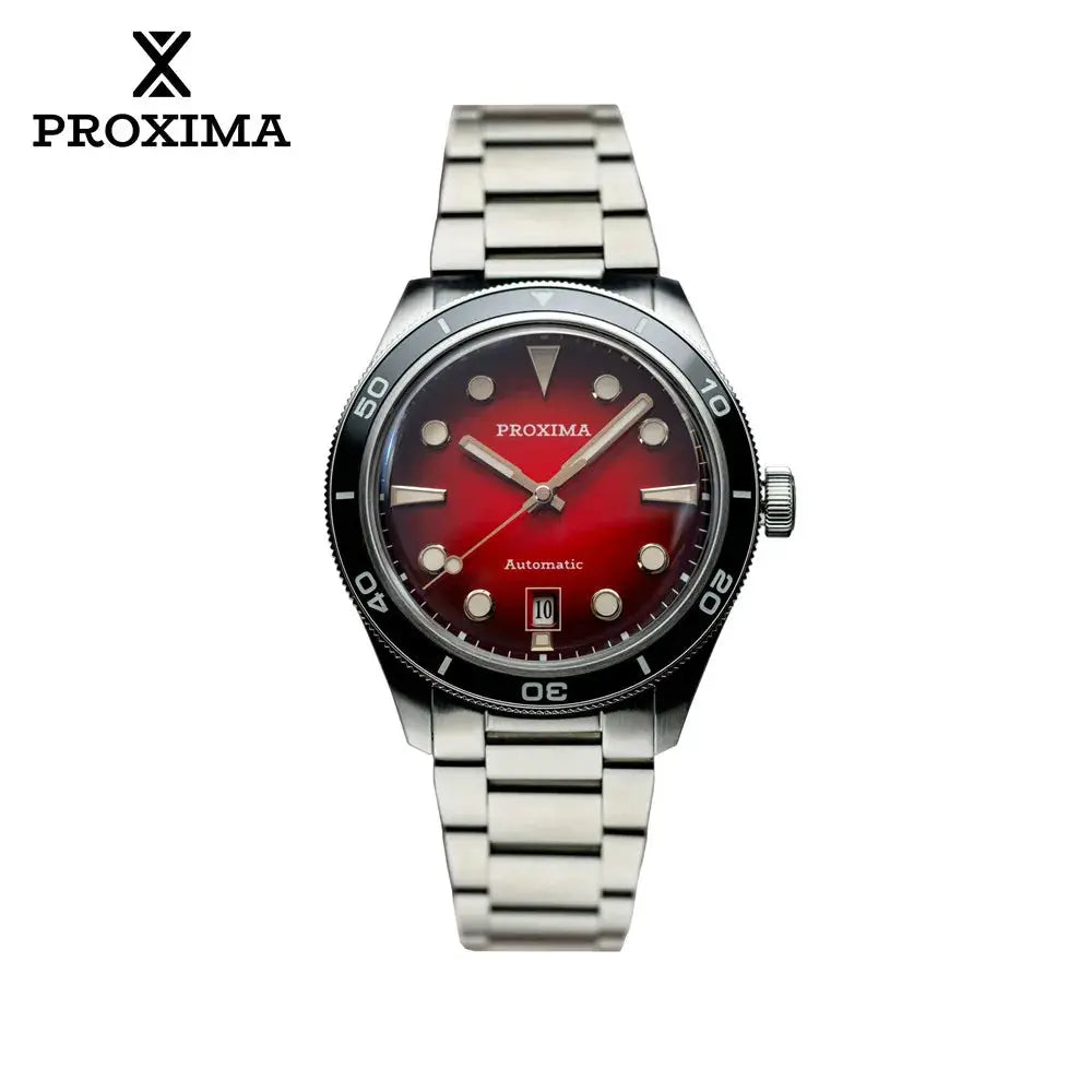Proxima PX1697 39mm men’s stainless steel watch with red dial, black bezel, luminous markers