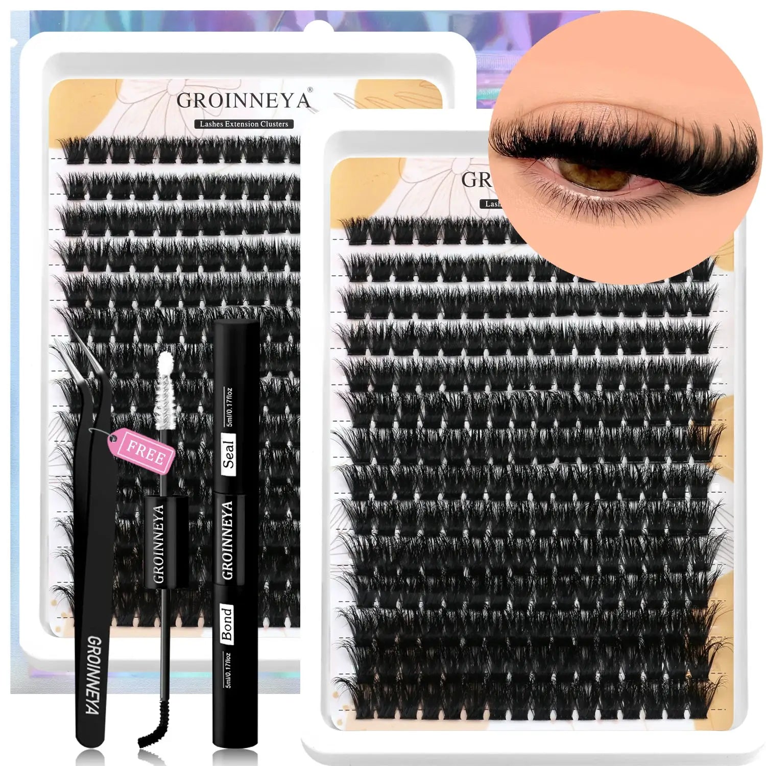GROINNEYA Lash Clusters Kit Waterproof Strong Hold DIY Lash Extension Kit Bond And Seal Eyelash Tweezers Makeup