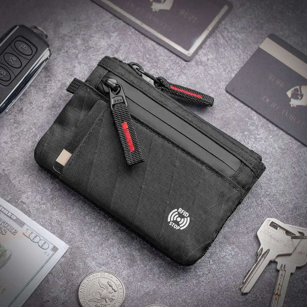 Zipper RFID wallet mini purse in black nylon with front card slot and red zipper pull