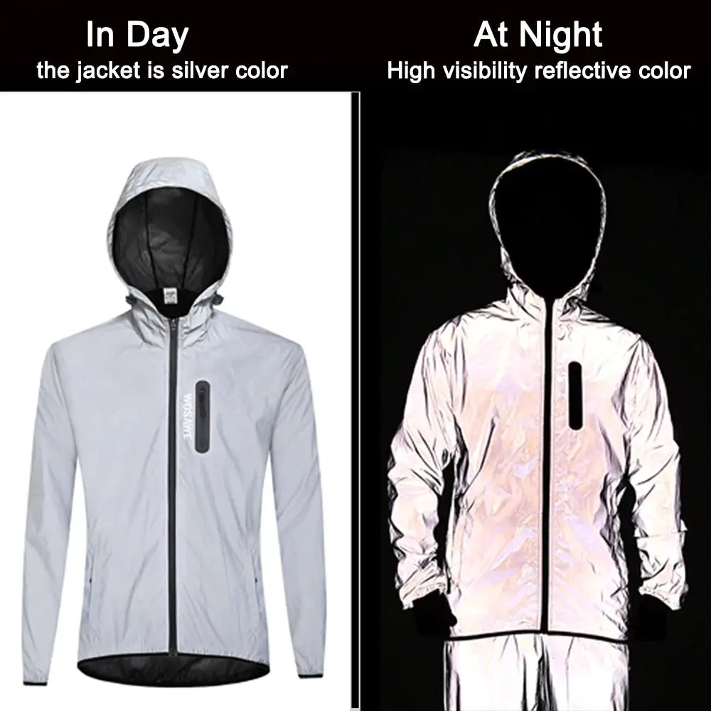 WOSAWE men's lightweight hooded reflective rain jacket; two-view display shows silver day color and night high-visibility
